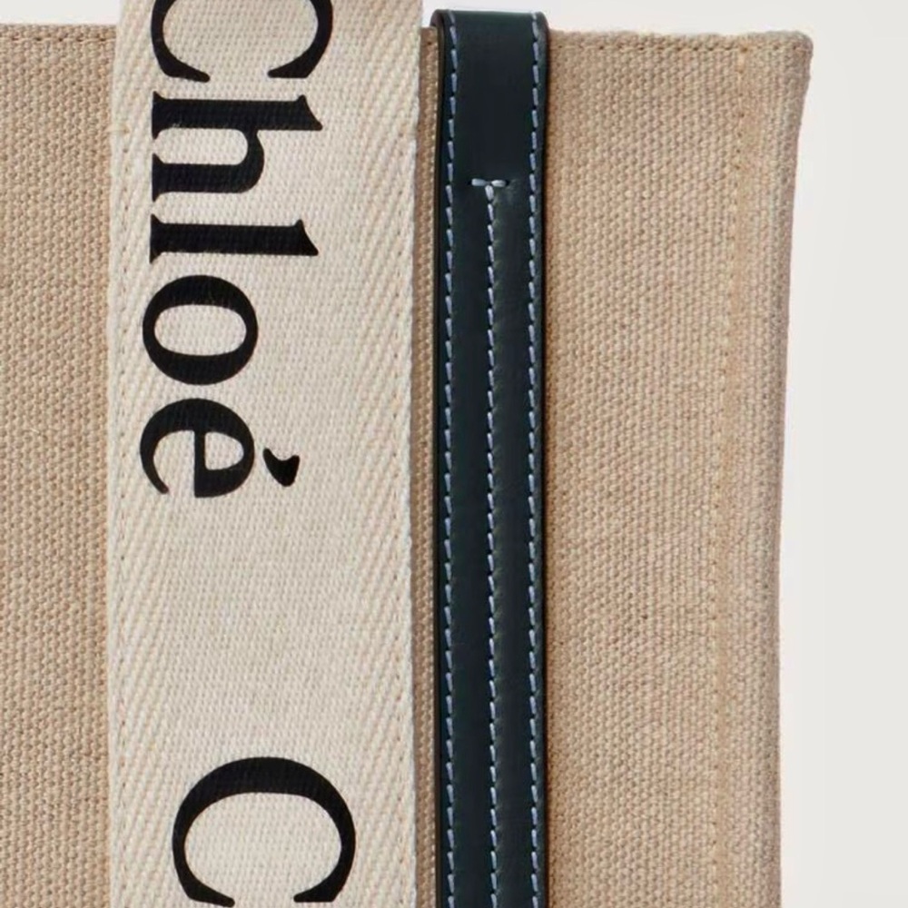 Chloé Beige Canvas Mini Woody Tote with Blue Trim and Logo Straps - Picture 6 of 10